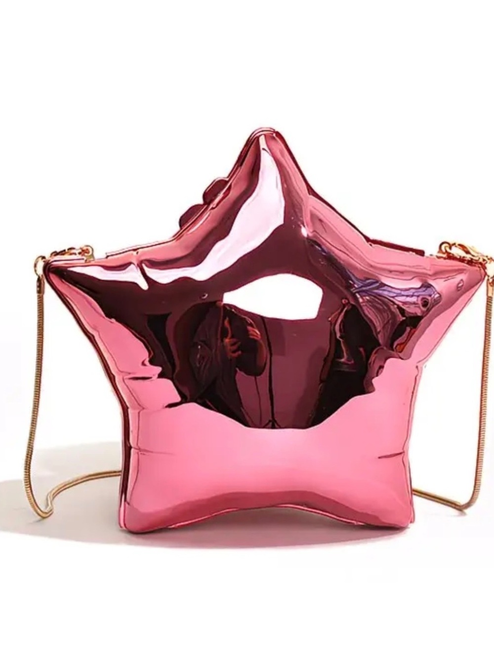 Shiny Pink Star-Shaped Crossbody Bag with Gold Chain Strap